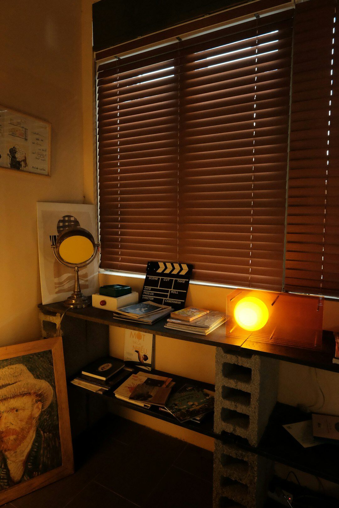 Vintage advertising studio desk with storyboards and film reels